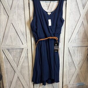 Avenue Navy Blue Midi Dress with Tan Belt